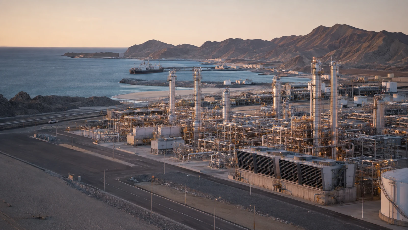 Illustrative coastal industrial facility in a mountainous landscape